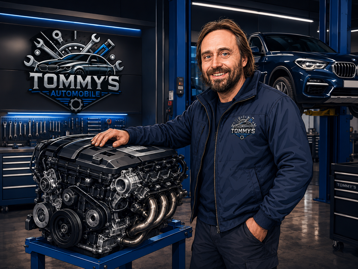 Tommy in der Werkstatt an einem Motor
