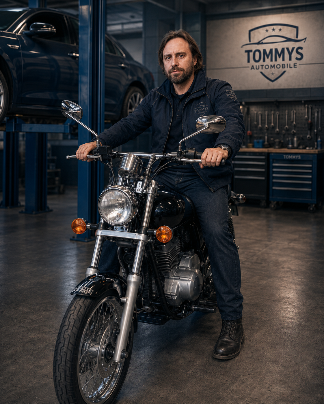Tommy auf dem Motorrad in der Werkstatt